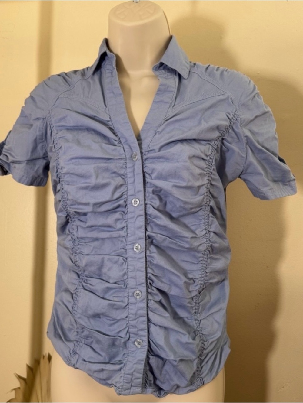 Light Blue Ruched Button-Up Blouse